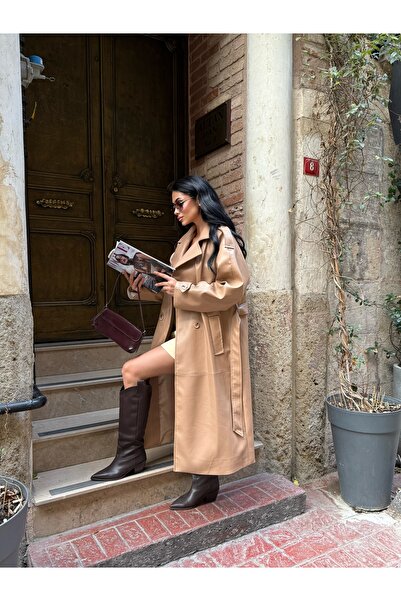 LB Laluna Butik Kadın Uzun Deri Trençkot