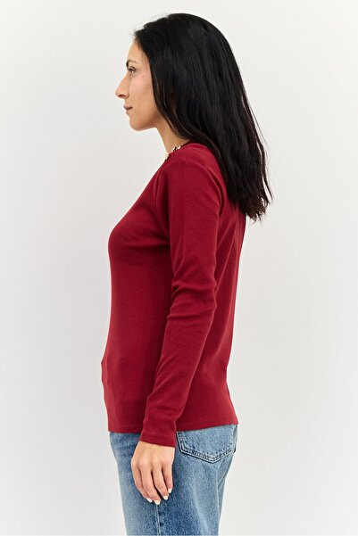 Rafaella Women Crew Neck Long Sleeves Plain Top, Deep Red