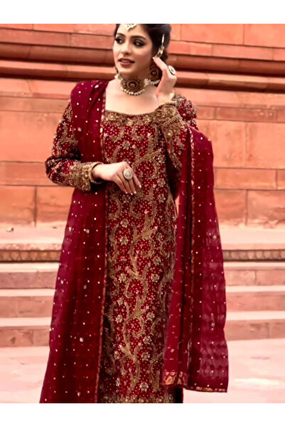 MYSMAR Maroon Faux Georgette Kameez Salwar Dupatta - HRT2766 | Maroon