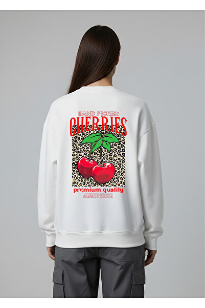 LORVEX Дамска широка суитшърт с качулка и принт на набрани череши