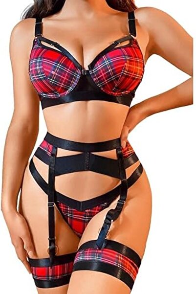 Margoun Women Lingerie Sets with Garter Belt 4 Pieces Lace Teddy Babydoll Bodysuit MG06