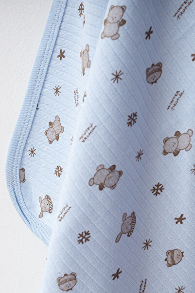 yukobaby bebeğiniz için en doğalı Winter Bear Mavi Naturel Pamuklu 80x90 cm Tek Kat Bebek Battaniye