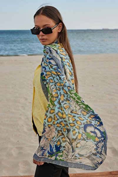 FENZA SCARF Leopar Desenli %100 Saf İpek Şal - Okyanus