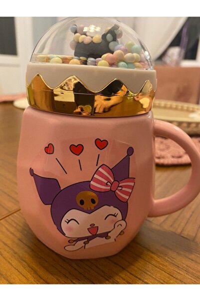 GNR KUROMİ SERAMİK RENKLİ KÖPÜKLÜ KAPAKLI KAŞIKLI KUPA BARDAK 500ML KUROMİ PEMBE RENKLİ KUPA