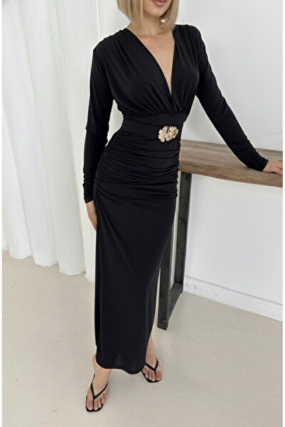 AYKA WEAR Aksesuar Kemerli Vatkalı Drapeli Maxi Şık Davet Elbisesi