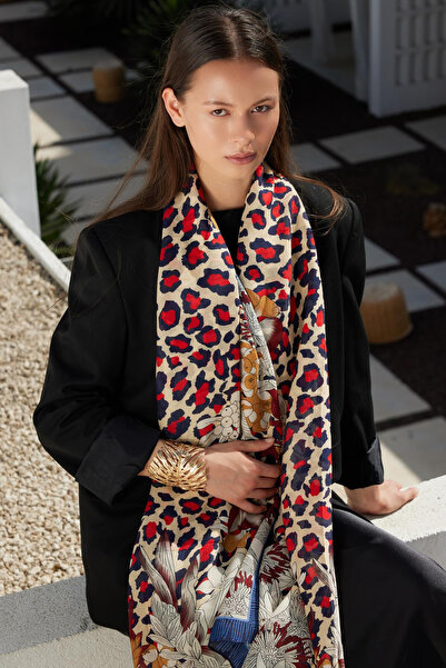 FENZA SCARF Leopar Desenli %100 Saf İpek Şal - Lacivert-Kırmızı