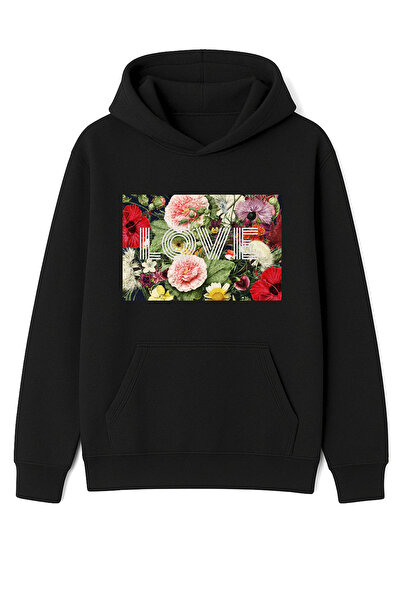 Korefanzin vyllesse Floral Love με τύπωμα Νέα σεζόν Τάση Unisex Μαύρο μπλουζάκι με κουκούλα