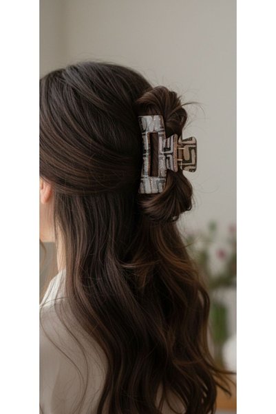 bettin tasarım Large Women's Hair Clip with Light Marble Pattern 8.5 cm Barrette Clip Model Elegant Non-Tarnishing Hair Accessory