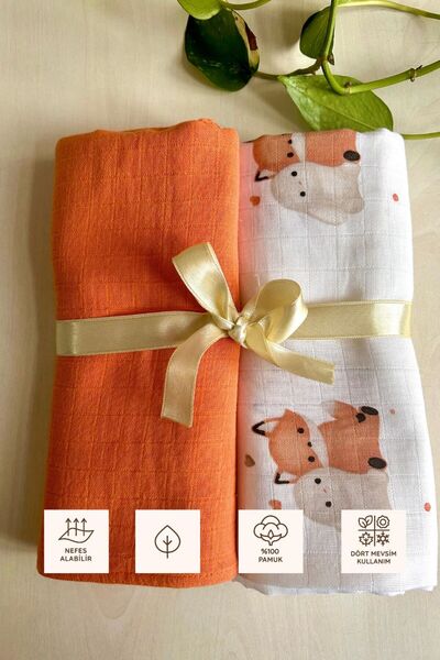 Sevza Kids Multi-Purpose 2-Piece Muslin Blanket & Throw, 100% Cotton Little Explorer Collection Orange Set