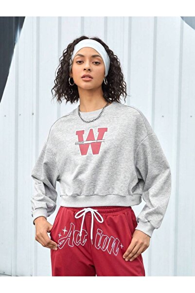 OVER HEAD Grey W Baseball cu imprimeu Crop guler rotund Swea tricou pentru femei