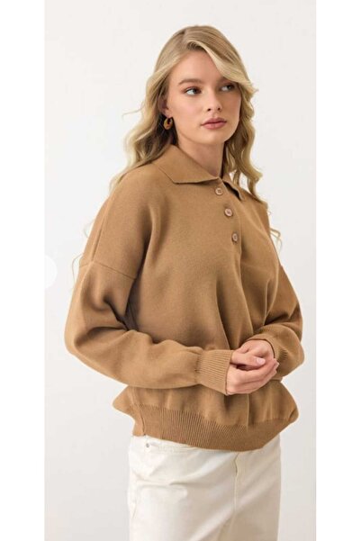 NOTCHTR Women's Plain Basic Button Detailed Polo Neck Knitwear Sweater