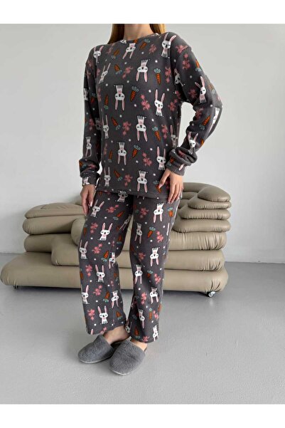 NOTCHTR Women's Patterned Fleece Fabric Crew Neck Double Pajama Set