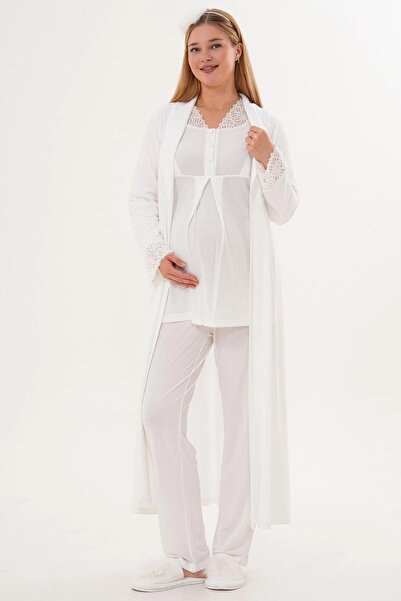 Mecit Pijama طقم بيجامة من 3 قطع بأكمام طويلة وتفاصيل من قماش الغيبور للحوامل، 65% قطن و35% فيسكوز