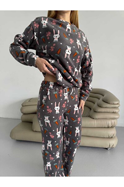 NOTCHTR Women's Patterned Fleece Fabric Crew Neck Double Pajama Set