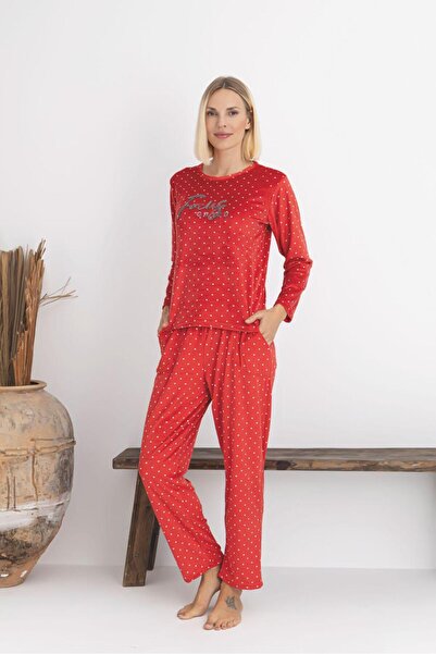 Mine style anne kız kadife-kırmızı enjeksiyon baskılı puantenli desen <> kışlık Fransız kadife pijama takımı