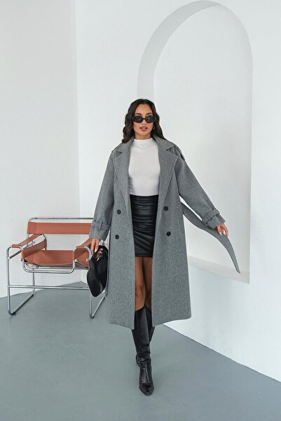 My Loore Kadın Gri Lüks Premium Kaşe Kaban