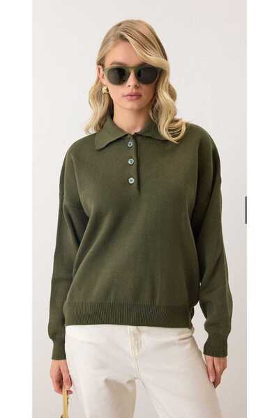 NOTCHTR Women's Plain Basic Button Detailed Polo Neck Knitwear Sweater