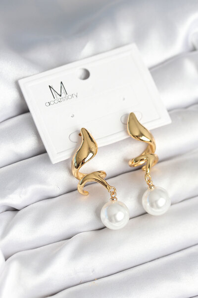 Skygo Pearl Detailed Spiral Model Gold Color Brass Women's Earrings - Tj-Bkp11291