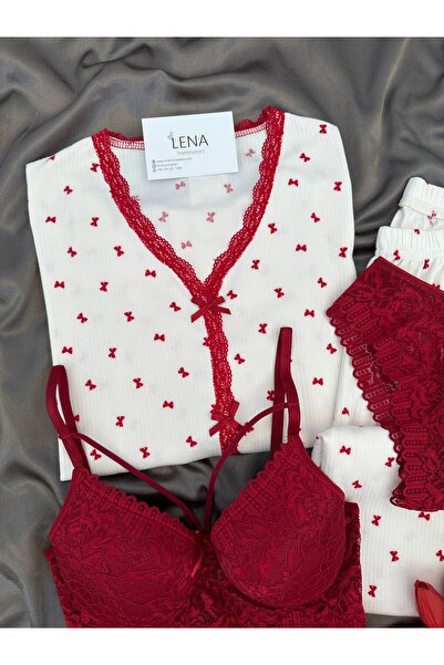 Lena Homewears Women's Patterned Berlin K Ribbed Knit Pajama Set with Underwear