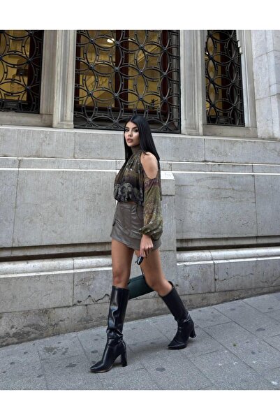 aytenli ψηλός λαιμός Μπλούζα σιφόν με μοτίβο με μανίκια με μπαλόνια με ελαστική επένδυση