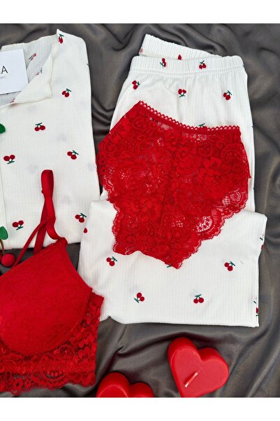 Lena Homewears Women's Patterned Berlin K Ribbed Knit Pajama Set with Underwear