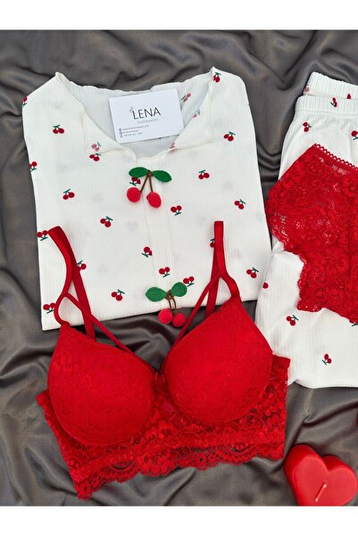 Lena Homewears Women's Patterned Berlin K Ribbed Knit Pajama Set with Underwear