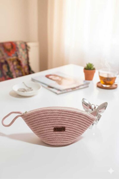 AZR HOME DESİGN حقيبة محفظة من الخيزران بحبل جوت مع سحاب لحفظ مستحضرات التجميل