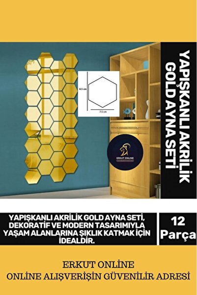 PREMİUM Üretim Dekoratif Modern Altıgen Duvar Dolap Yapışkanlı Akrilik GOLD Ayna Seti 12 Adet