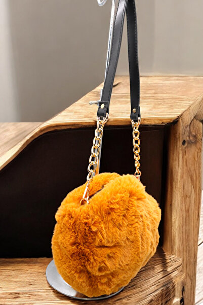 HFKY Geantă de pluș pentru femei. Geantă de umăr din pluș cu detaliu de lanț din piele. Geantă Messenger.