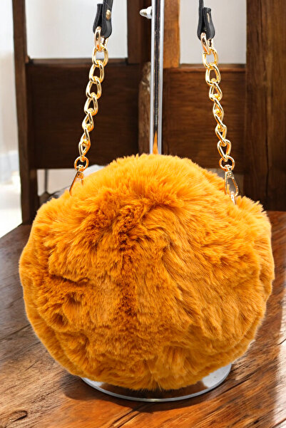 HFKY Geantă de pluș pentru femei. Geantă de umăr din pluș cu detaliu de lanț din piele. Geantă Messenger.
