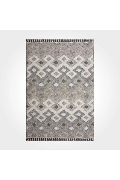 aren.HALI Blecher Geometrik Bej Polyester Kaydırmaz Tabanlı Makine Halısı