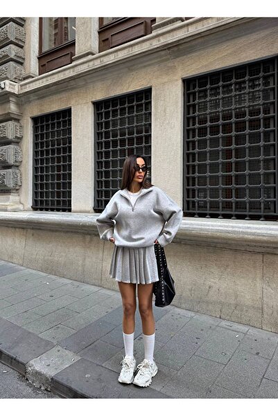 Julidress Gray Oversized Zippered Sweatshirt and Mini Pleated Skirt Bottom Top Fleece-Lined Sets