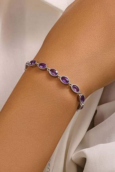 FAYRA ACCESSORIES Ametist Doğal Taşlı Beyaz Altın Kaplama Bileklik
