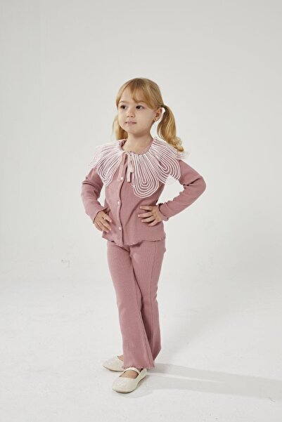 noliva bebek ve çocuk Girl's Ruffled Wide Collar Knitwear Set – Powder Elegance