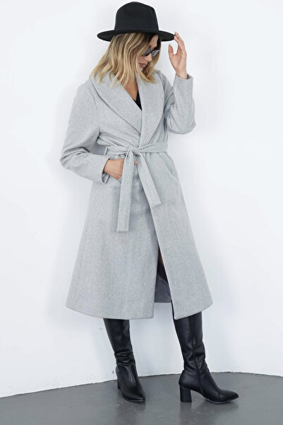 Suziş Premium Long Coat with Shawl Collar and Belt En2173