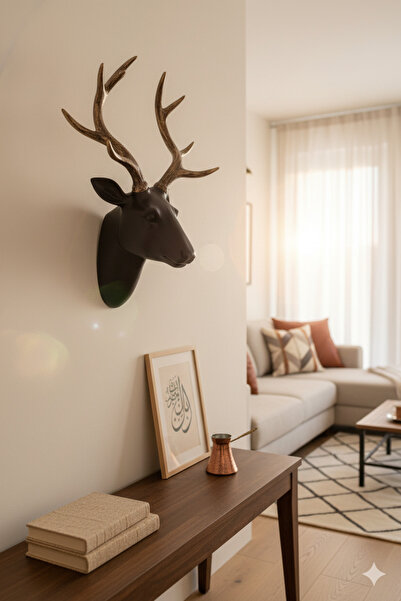 Tual Hobi Sanat Duvar Geyik Büstü Heykeli 3D Obje El Boyaması Ev Dekorasyonu Tablo (40x29 cm)