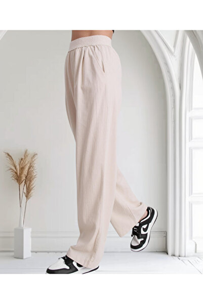 Barato Wide Elastic Natural Linen Stone Color Palazzo Pants