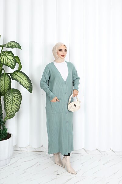 NİSUM MODA Long Knitted Cardigan with Pockets