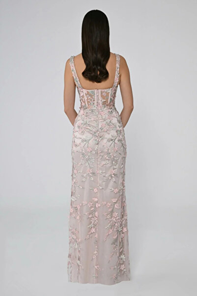 ALFABETA KADIN ASKILI DEKOLTELİ YIRTMAÇLI 3 BOYUT ÇİÇEKLİ ABİYE ELBİSE