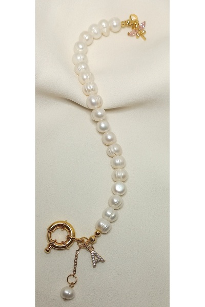 BNGaksesuar Gerçek İnci Harfli Yusufçuk Detaylı Gemici Kilit İnci Bileklik