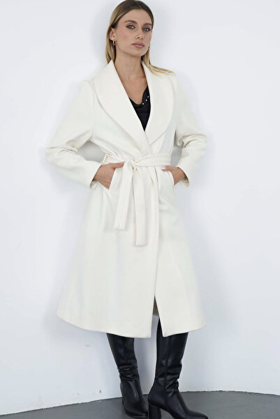 Suziş Premium Long Coat with Shawl Collar and Belt En2173