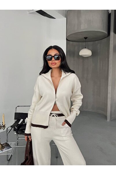 owwon Women's Beige Zippered High Neck Knitwear Two-Piece Set