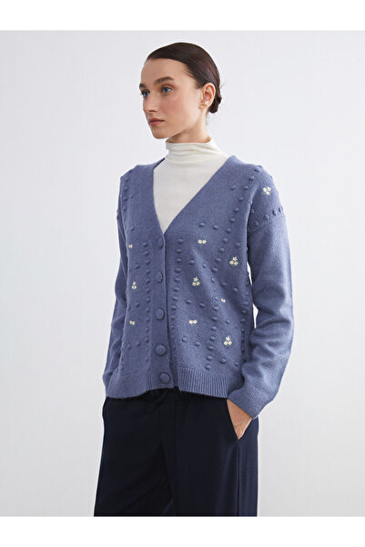 LC Waikiki Blue V-Neck Floral Embroidered Women's Knitwear Cardigan
