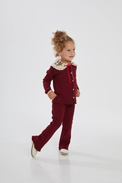 noliva bebek ve çocuk Burgundy Stylish Embroidered Collar Knitwear Set for Girls