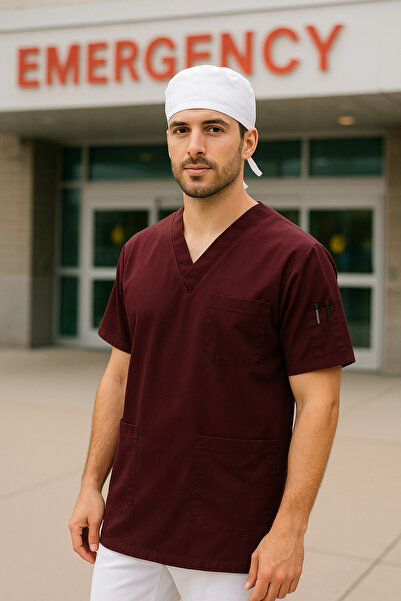 mirach Set of 2 Men's Emergency Paramedic Workers Medical Uniform Single Top Scrubs White Surgical Cap with Gift