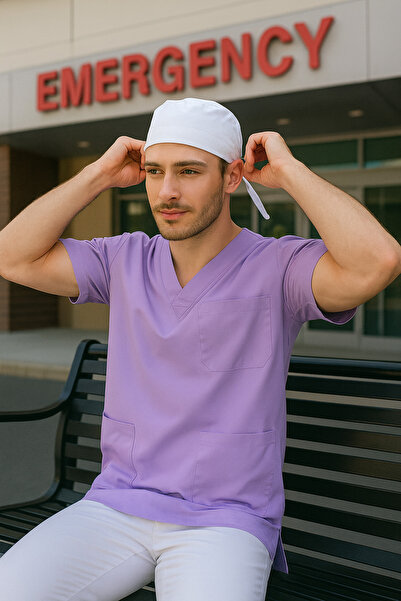 mirach Set of 2 Men's Emergency Paramedic Workers Medical Uniform Single Top Scrubs White Surgical Cap with Gift