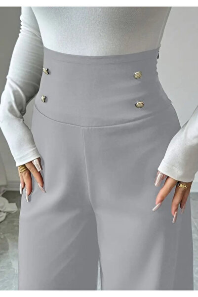 Little Visqon Kadın Yüksek Bel Düğmeli Geniş Paçalı İthal Krep Pantolon