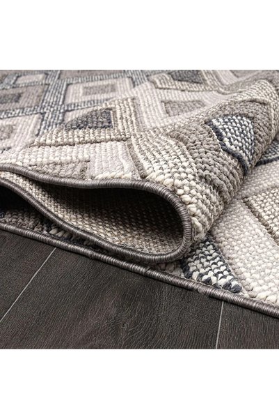 aren.HALI Blecher Geometrik Bej Polyester Kaydırmaz Tabanlı Makine Halısı