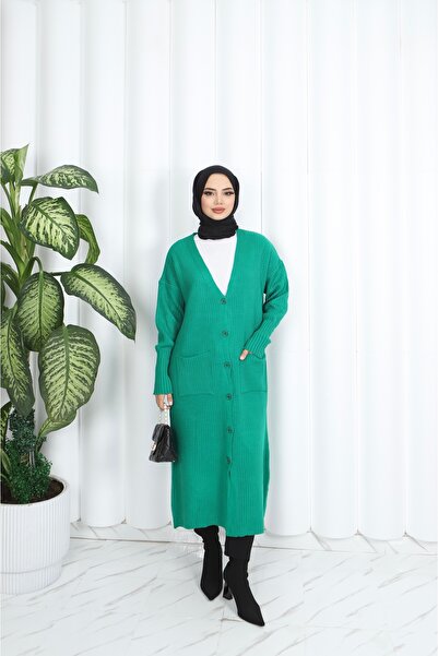 NİSUM MODA Long Knitted Cardigan with Pockets