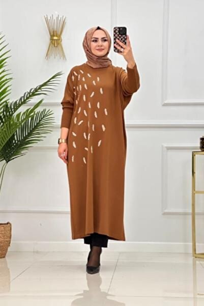 Valens Butik Stone Print Detail Hijab Knitwear Tunic Passion